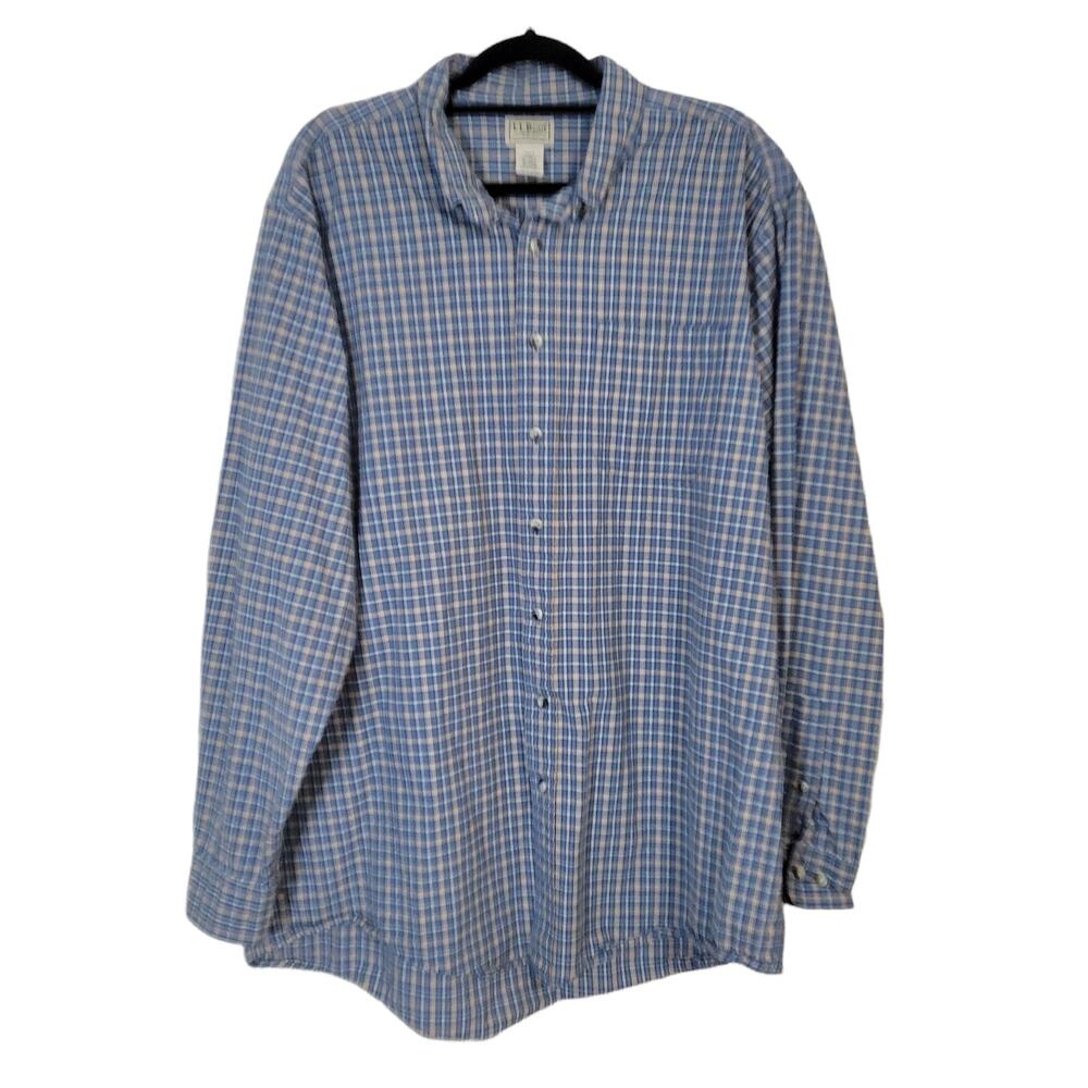 L.L. Bean Men's Plaid Button Down Long Sleeve Shirt Blue & Tan Size XL TALL